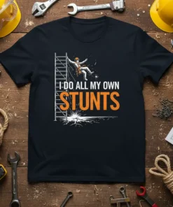 I DO ALL MY OWN STUNTS t-shirt design featuring a construction worker on scaffolding with welding sparks below