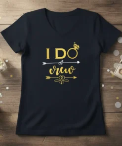 Gold text "I DO crew" with wedding rings and diamond ring graphic on a navy v-neck t-shirt
