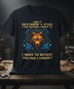 I Do It Because I Can I Want To Because You Said I Couldn't quote t-shirt with a fierce wolf