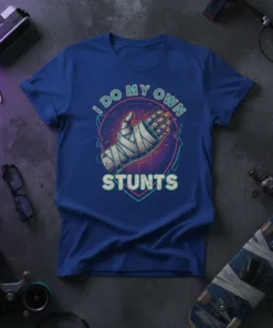 I Do My Own Stunts text and bandaged hand graphic on a royal blue t-shirt
