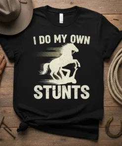 Black t-shirt with white distressed text "I DO MY OWN STUNTS" above a silhouette of a horse rearing over a