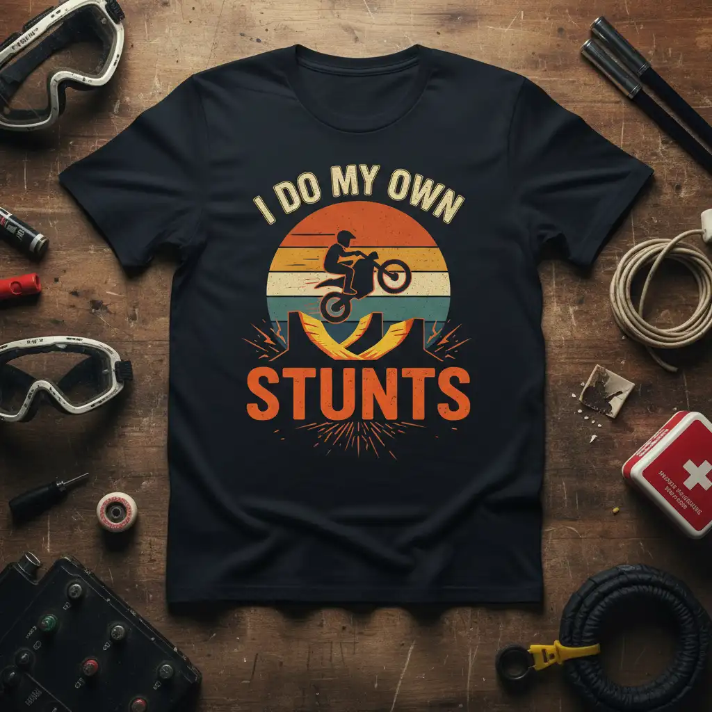 I Do My Own Stunts graphic t-shirt featuring a silhouette of a motocross rider mid-air against a vibrant retro sunset