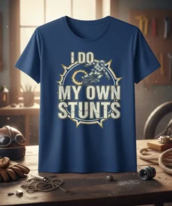 I Do My Own Stunts motocross t-shirt design featuring a rider performing a stunt within a circular graphic