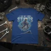 Motocross t-shirt design with text "I Do My Own Stunts" featuring a rider on a motorcycle engine graphic