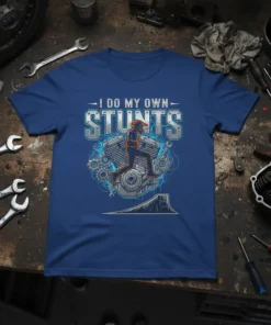 Motocross t-shirt design with text "I Do My Own Stunts" featuring a rider on a motorcycle engine graphic