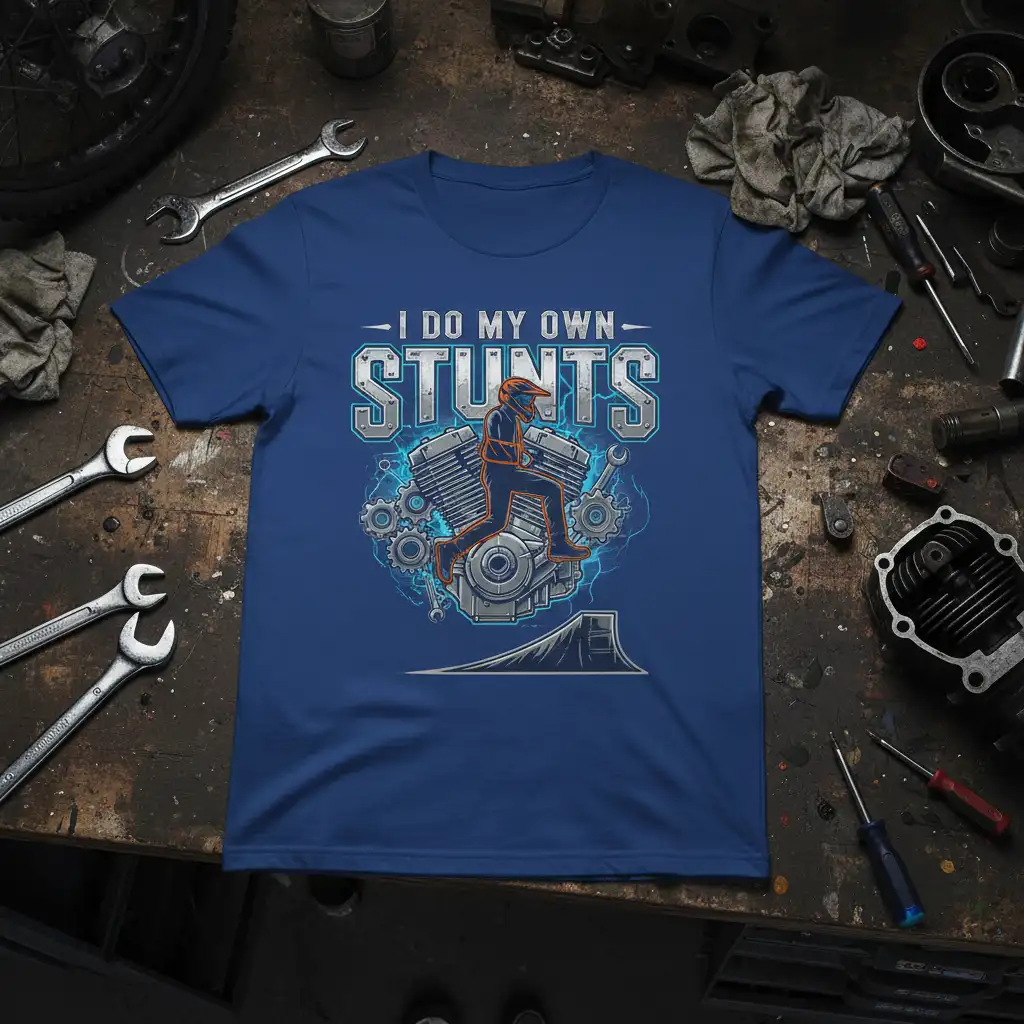 I Do My Own Stunts quote t-shirt design with motocross rider graphic and engine