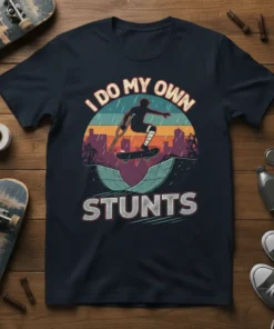 I Do My Own Stunts T-Shirt with a silhouette of a skateboarder using crutches on a ramp, set against a