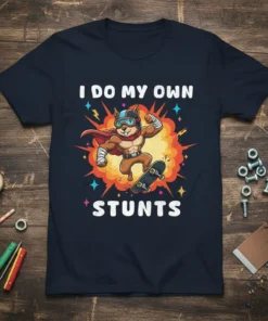 I Do My Own Stunts text with a cartoon squirrel in a cape and helmet riding a skateboard, set against