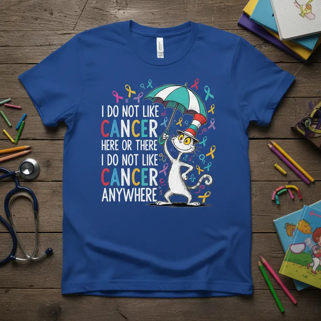 I Do Not Like Cancer Here Or There I Do Not Like Cancer Anywhere quote on a blue t-shirt with cat and