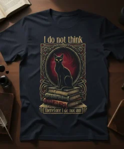 I do not think therefore i de not am quote with black cat on books design, gothic style t-shirt graphic