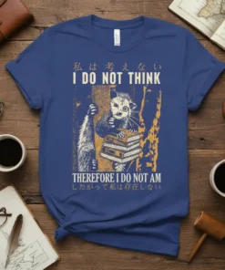 Retro t-shirt design with "I DO NOT THINK THEREFORE I DO NOT AM" quote and a possum holding books