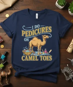 Funny t-shirt design with text "I Do Pedicures On Camel Toes" and a cartoon camel getting a pedicure