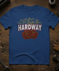 I Do Things The HARDWAY text with vintage dice graphic on a blue t-shirt design