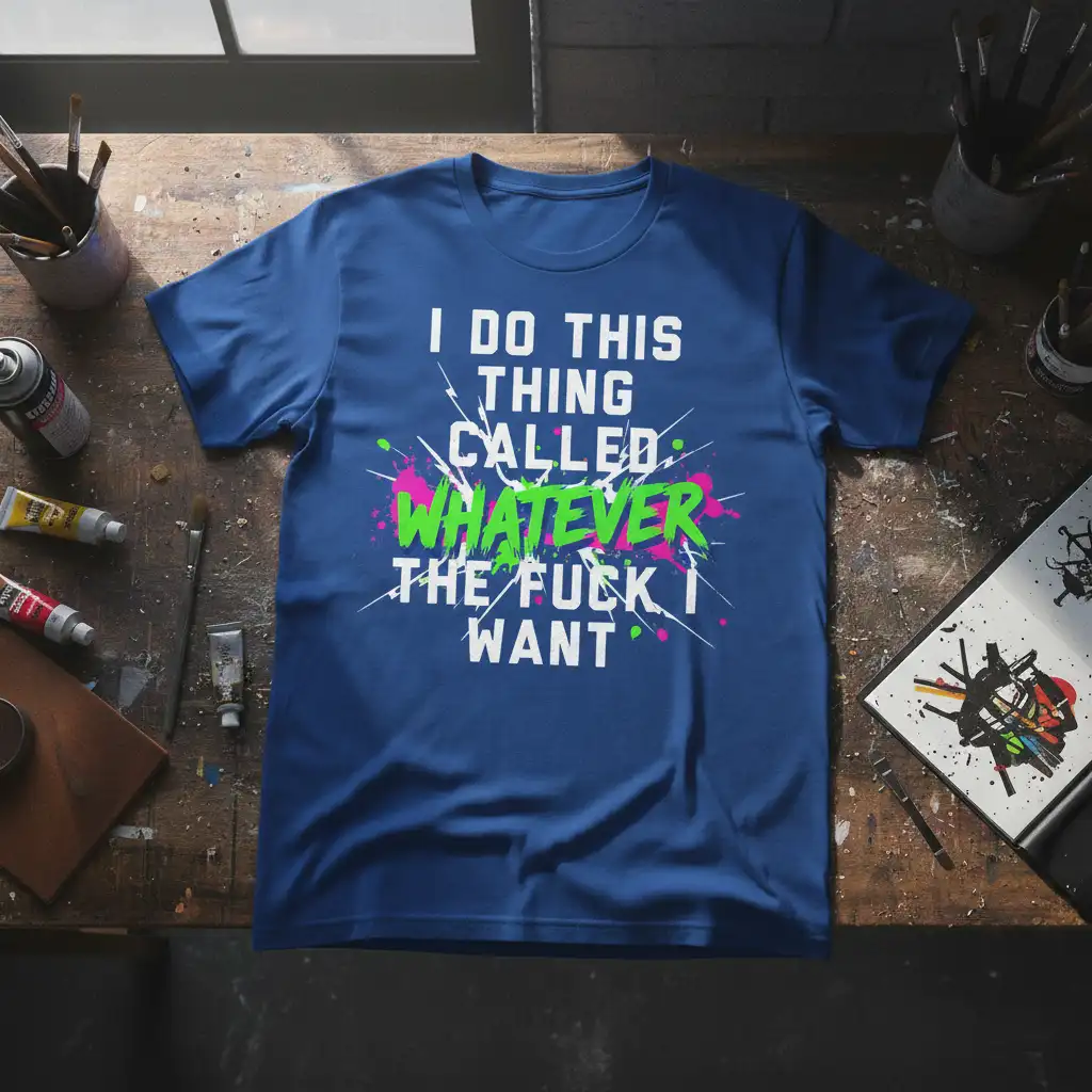 I DO THIS THING CALLED WHATEVER THE FUCK I WANT text with paint splatters graphic on blue tee