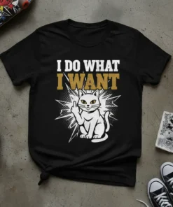 Black t-shirt with white and gold text "I DO WHAT I WANT" above a white cat giving the middle finger
