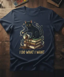Black cat sitting on books, spilling coffee, with "I Do What I Want" text