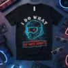 I Do What I Want My Wife Wants humorous quote on a black t-shirt with a futuristic helmet graphic