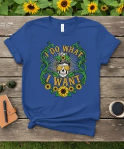 Graphic t-shirt with the text "I DO WHAT I WANT" surrounding a skull wearing sunglasses and a bandana, with sunflowers