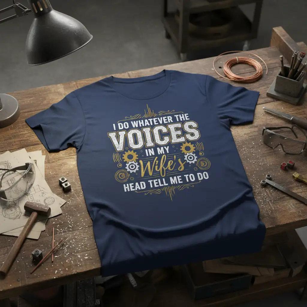 I Do Whatever The Voices In My Wife's Head Tell Me To Do quote on a navy blue t-shirt with gear graphics