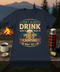 I DON'T ALWAYS DRINK WHEN I'M WHEN I'M CAMPING OH WAIT YES I DO quote on a navy blue t-shirt
