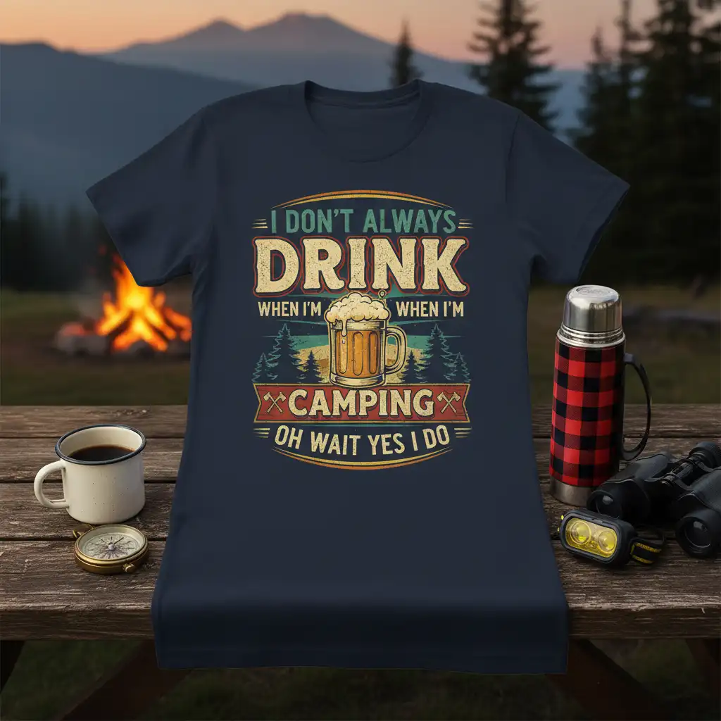 I DON'T ALWAYS DRINK WHEN I'M WHEN I'M CAMPING OH WAIT YES I DO quote with beer mug graphic on a vintage