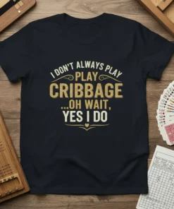 I DON'T ALWAYS PLAY PLAY CRIBAGE ...OH WAIT, YES I DO quote on a navy t-shirt, featuring distressed gold and