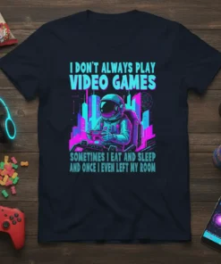 Astronaut playing video games on a neon cityscape background with text "I Don't Always Play Video Games Sometimes I Eat