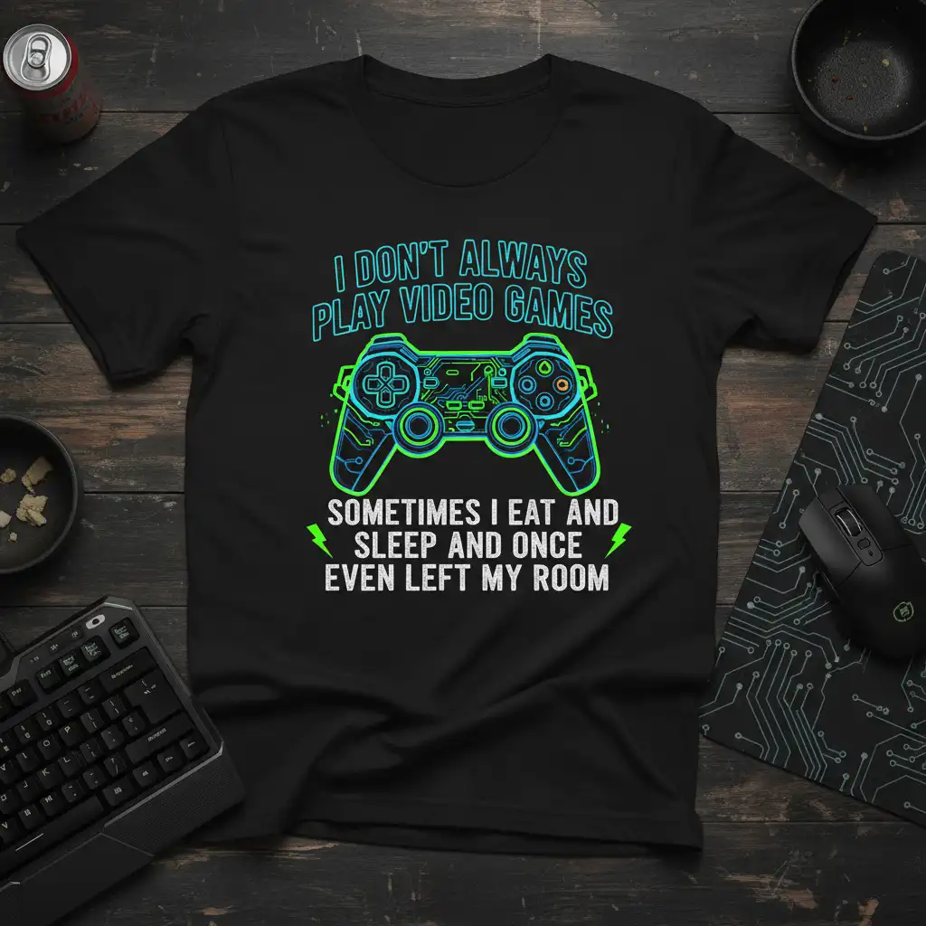 Humorous gamer quote I Don't Always Play Video Games Sometimes I Eat and Sleep And Once Even Left My Room with neon