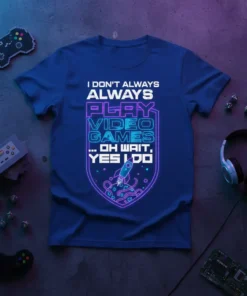 I DON'T ALWAYS ALWAYS PLAY VIDEO GAMES ... OH WAIT, YES I DO quote on a blue t-shirt with neon-style