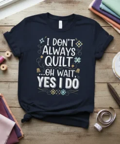 Navy blue t-shirt with white and teal text: "I DON'T ALWAYS QUILT ...OH WAIT, YES I DO", featuring quilting-themed graphics