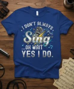 I DON'T ALWAYS Sing ...OH WAIT YES I DO. text with vintage microphone graphic and musical notes on a blue