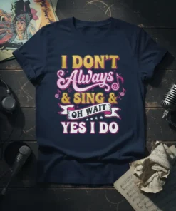 I DON'T Always & SING & OH WAIT YES I DO text design on a navy t-shirt, featuring playful typography