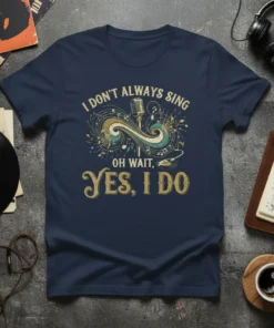 T-shirt with the quote "I Don't Always Sing Oh Wait, Yes, I Do" featuring a vintage microphone and musical notes