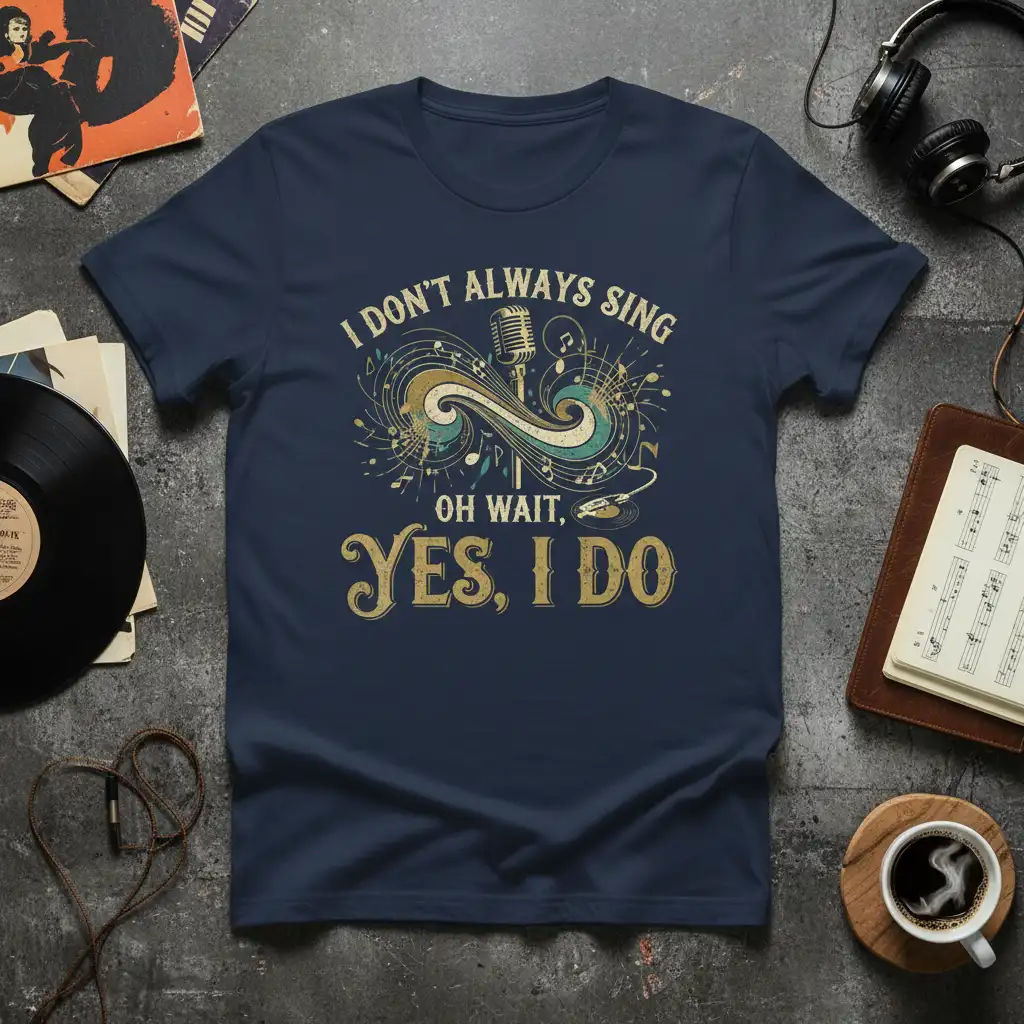 I Don't Always Sing Oh Wait, Yes, I Do quote with vintage microphone and musical notes graphic on a t-shirt