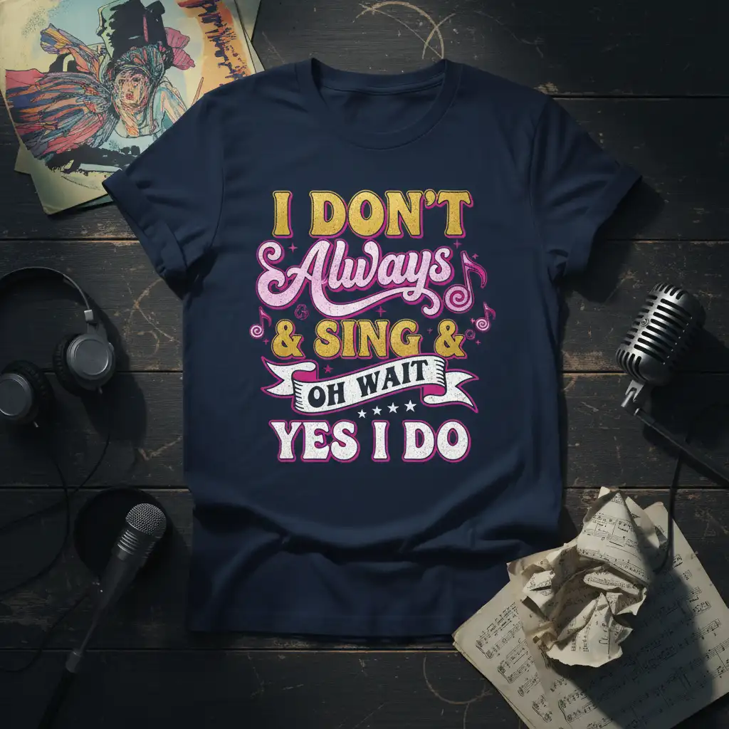 I DON'T Always & SING & OH WAIT YES I DO quote design on a navy blue tee, with decorative musical elements