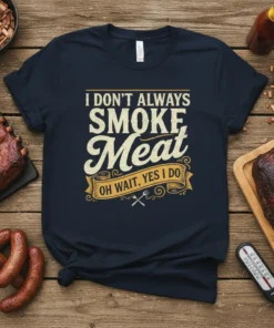 I DON'T ALWAYS SMOKE Meat OH WAIT, YES I DO quote on a navy blue t-shirt, surrounded by BBQ imagery