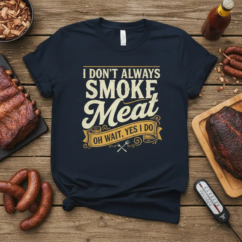 I DON'T ALWAYS SMOKE Meat OH WAIT, YES I DO quote on navy t-shirt, featuring barbecue graphics and cutlery