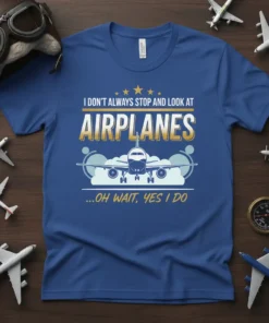 T-shirt with the text "I DON'T ALWAYS STOP AND LOOK AT AIRPLANES ...OH WAIT, YES I DO" and a graphic
