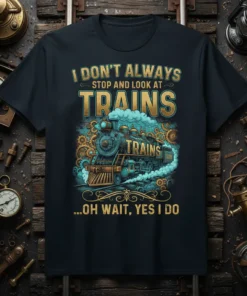 I DON'T ALWAYS STOP AND LOOK AT TRAINS ...OH WAIT, YES I DO text on a dark t-shirt with a