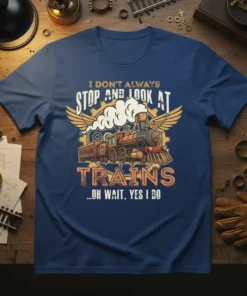 I Don't Always Stop and Look at Trains quote with vintage steam engine graphic on a navy blue t-shirt