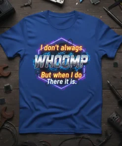 Royal blue t-shirt featuring the quote "I don't always WHOOMP But when I do There it is." in bold, neon-style
