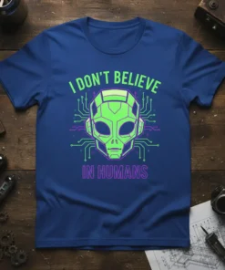 I Don't Believe In Humans alien head graphic t-shirt in bright green and purple neon colors on a royal blue
