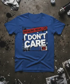 I Don't Care Breaking News Live quote on a blue t-shirt with distressed graphics and a TV screen icon