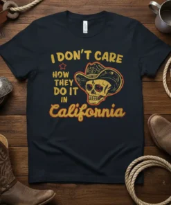 I DON'T CARE HOW THEY DO IT IN California quote t-shirt with distressed skull and cowboy hat graphic