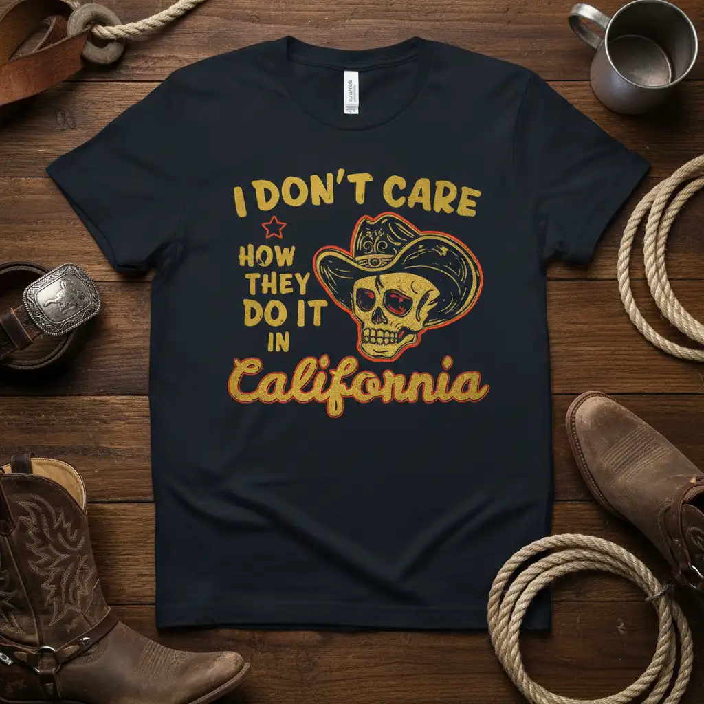 I DON'T CARE HOW THEY DO IT IN California quote with distressed skull cowboy graphic on dark tee