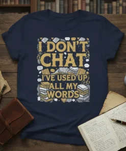 T-shirt with "I Don't Chat I've Used Up All My Words" text and illustrations of books