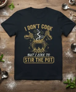 I DON'T COOK BUT I LIKE TO STIR THE POT funny quote t-shirt design with cooking pot graphic