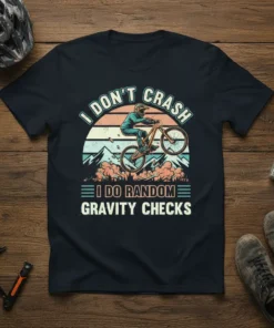 T-shirt with the text "I DON'T CRASH I DO RANDOM GRAVITY CHECKS" featuring a mountain biker mid-air