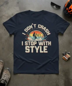 I Don't Crash I Stop With Style text with a cyclist silhouette in a sunset graphic on a navy t-shirt