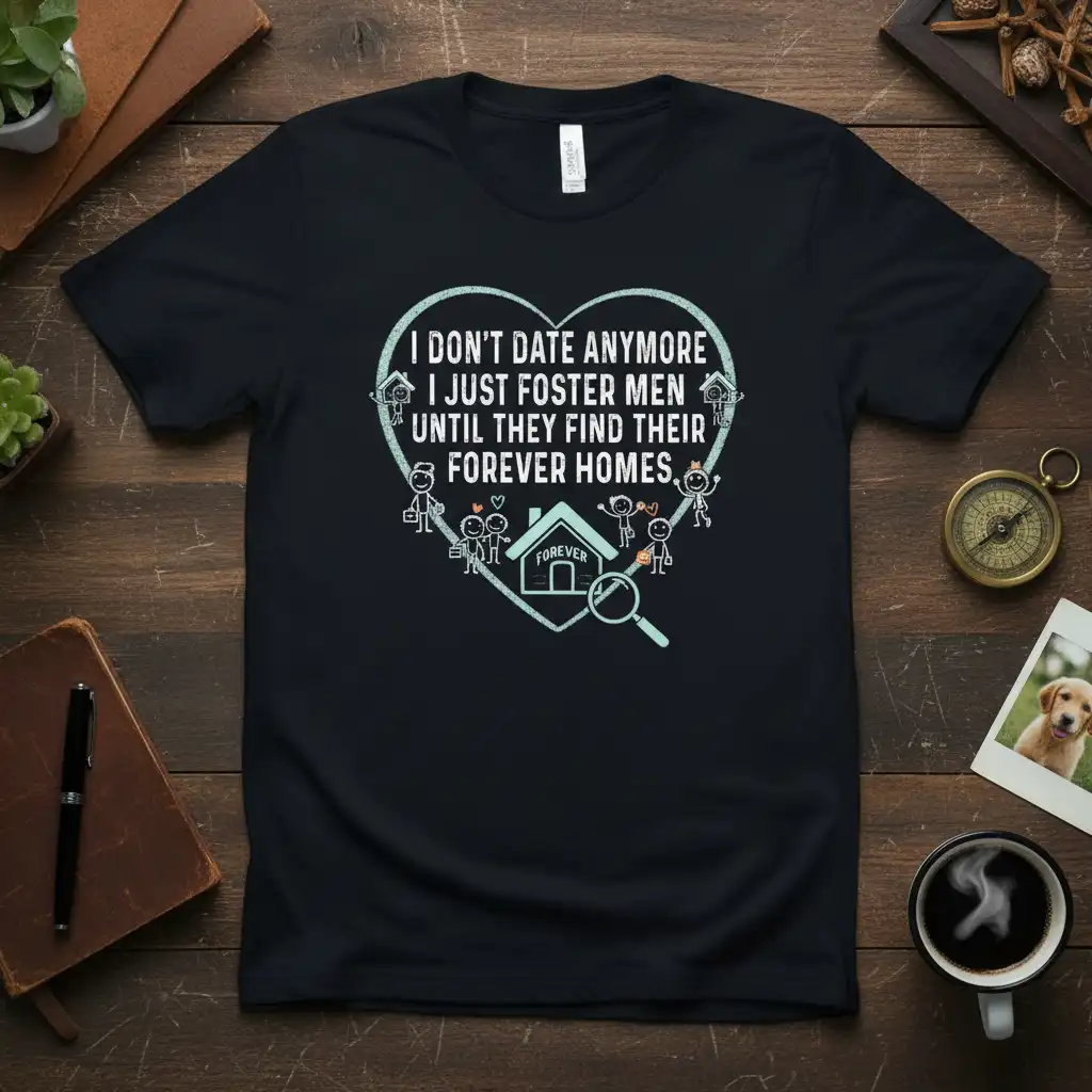 I Don't Date Anymore I Just Foster Men Until They Find Their Forever Homes quote on a black t-shirt with heart and